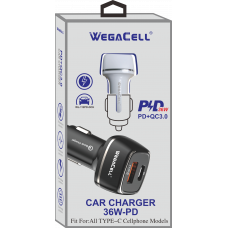Universal Dual Port Fast Charging USB C-USB Car Charger. WegaCell: WL-112PD-DCH