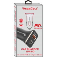 Universal Dual Port Extra-long Fast Charging USB C-USB Car Charger. WegaCell: WL-114PD-DCH