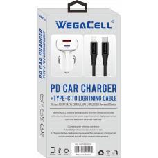 Apple Compatible Combo of Universal Dual Port Fast Charging USB C-USB Car PD Charger and Lightning-USB Type C Cable - WegaCell: WL-1607IPD-DCH Apple Compatible Combo of Universal Dual Port Fast Charging USB C-USB Car PD Charger and Lightning-USB Type C Cable - WegaCell: WL-1607IPD-DCH