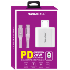 Apple Compatible Combo of Universal Dual Port Fast Charging USB C-USB Home Wall PD Charger and Lightning-USB Type C Cable - WegaCell: WL-1612IPD-HC Apple Compatible Combo of Universal Dual Port Fast Charging USB C-USB Home Wall PD Charger and Lightning-USB Type C Cable - WegaCell: WL-1612IPD-HC