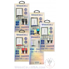 Android Universal Dual Port Wall Charger USB Type C Cable Combo - WegaCell: WL-1602TYC-2HC Android Universal Dual Port Wall Charger USB Type C Cable Combo - WegaCell: WL-1602TYC-2HC